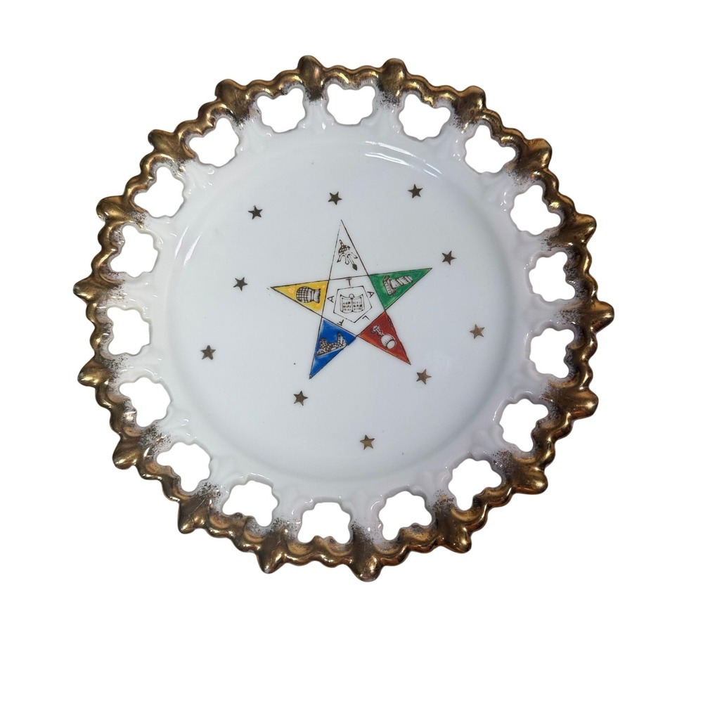 Vintage OES Order of the Eastern Star Hand Painted Plate Japan Gold Lattice 7.5"